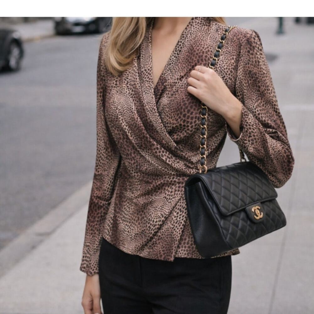 Vintage Courtney Rhodes 100% Silk Animal Print Wrap Blouse Size 6 Made in Korea